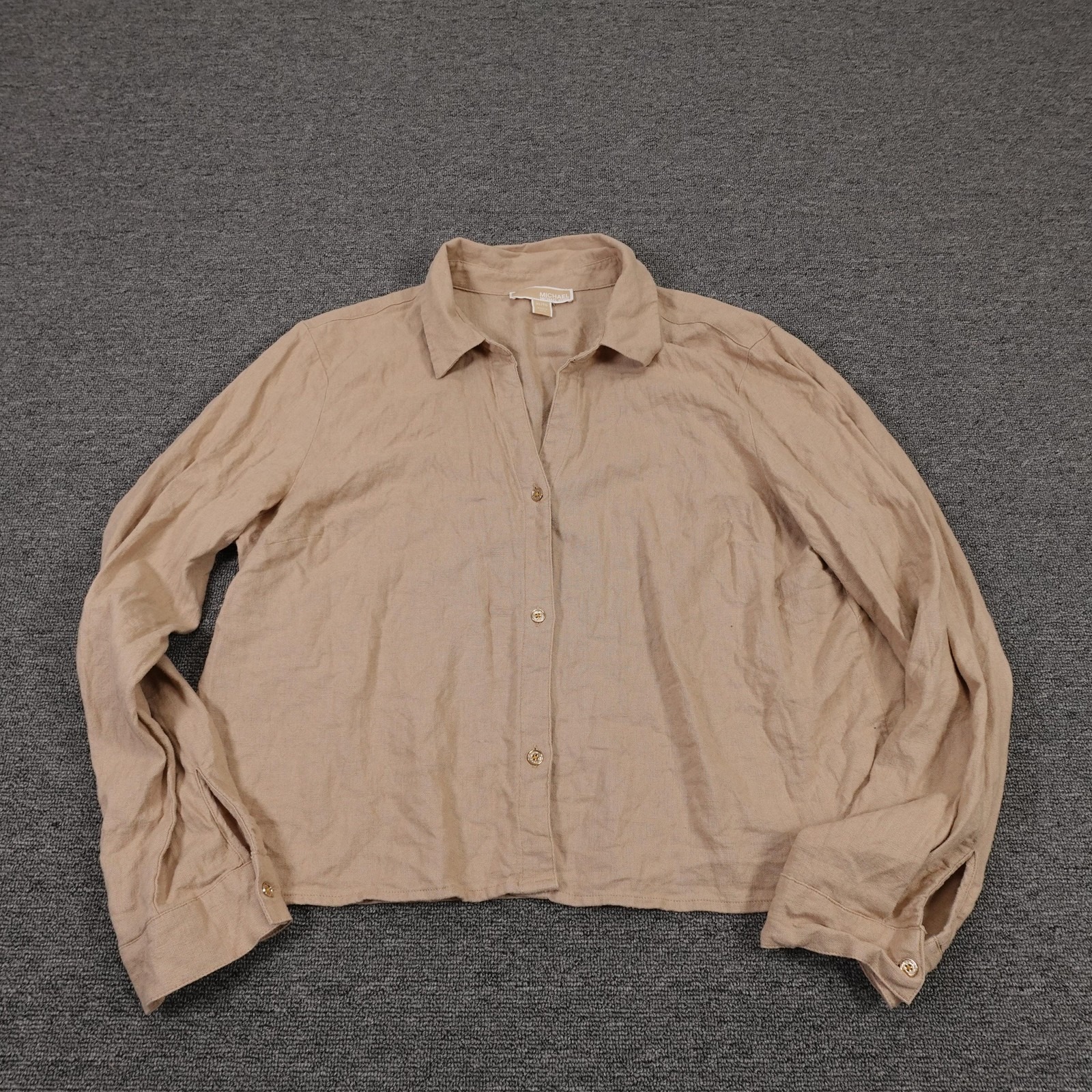 Michael Michael Kors Button Up Shirt Womens Xl Beige Linen Collared Long Sleeve